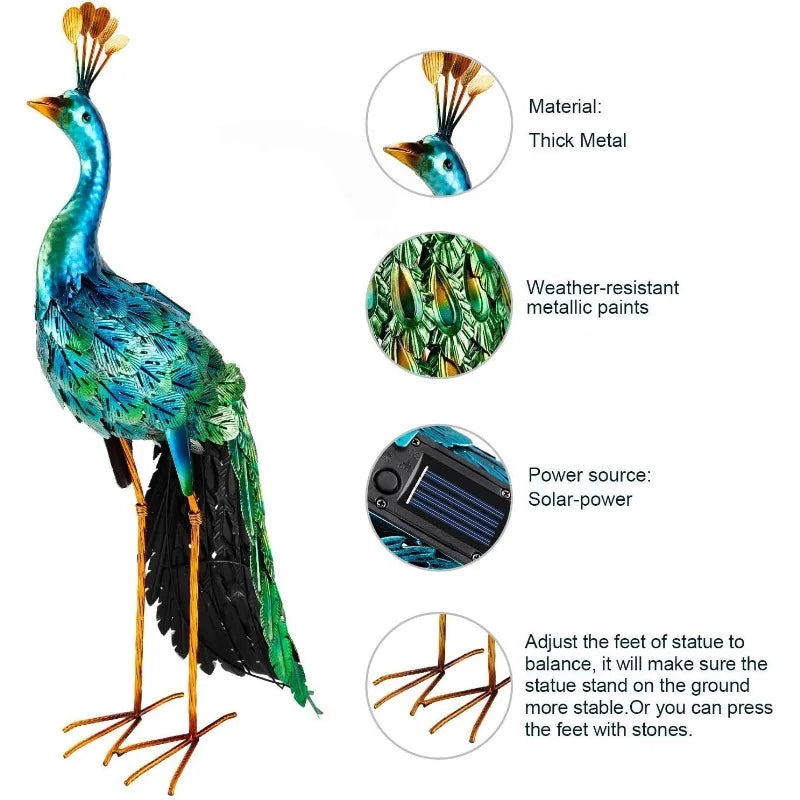 Chisheen Outdoor Solar Peacock Statue Garden Decor Metal Yard Art for Lawn Backyard Party Wedding Decoration