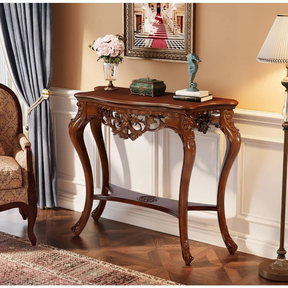 Antique Console Table 38 Inch Victorian Half Moon Sofa Table with Hollow Floral Apron and Cabriole Legs Vintage Traditional Design