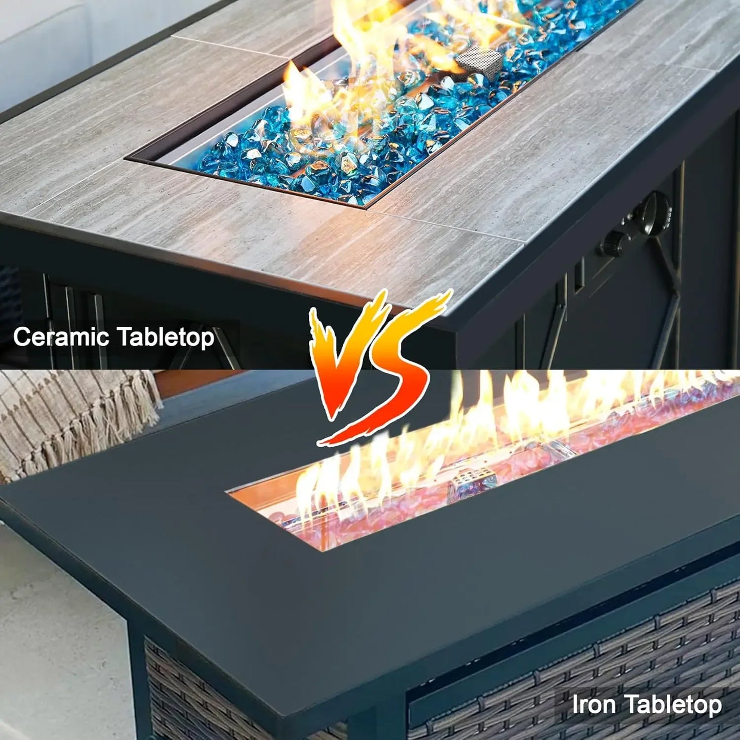Gas Fire Table 42 Inch Ceramic Tabletop Propane Firepit 60000 BTU Outdoor Dinner Coffee Table for Patio Backyard