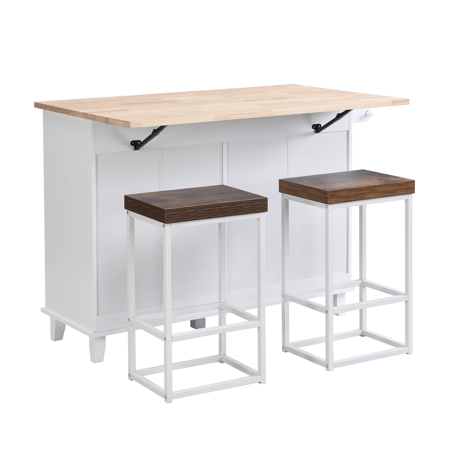 Topmax Farmhouse Kitchen Island Set with Drop Leaf and 2 Seatings Dining Table Set with Storage Cabinet Drawers and Towel Rack