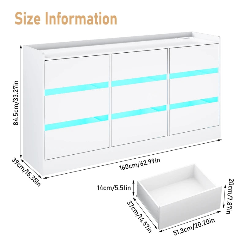 9 Drawer Dresser with Power Outlet and LED Light Modern Chest of Drawers for Closet 63 Inch Drawer Organizer Cabinet for Bedroom