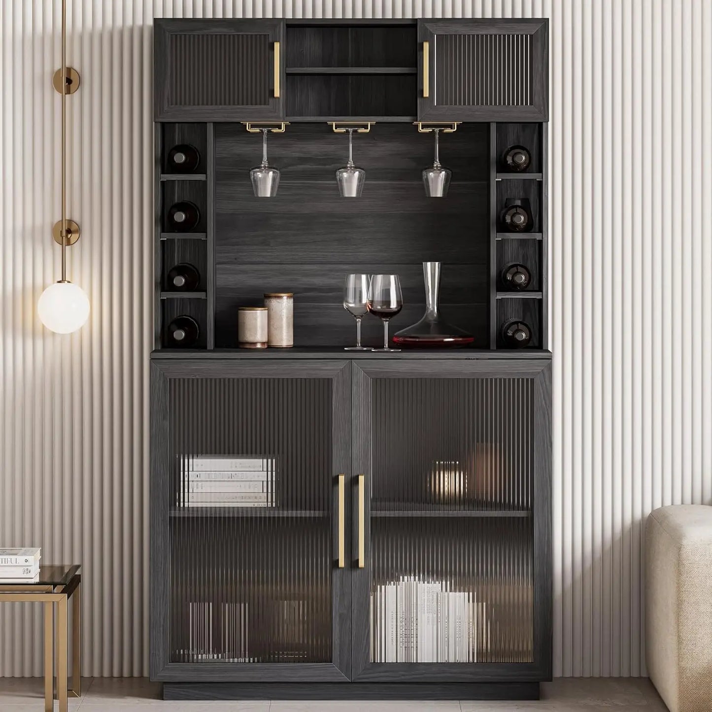 Coffee Wine Bar Cabinet with Power Outlet 72 Inch Rustic Liquor Cabinet Tall Fluted Buffet Cabinet with Storage