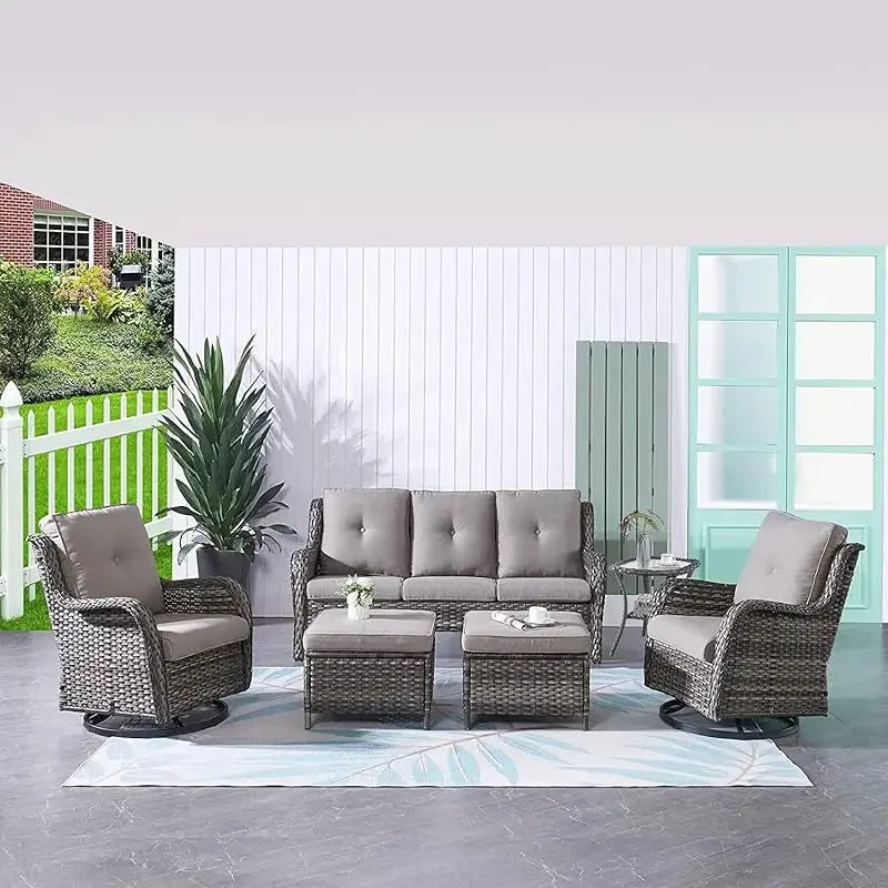 QWHumnuh 6 Pieces Outdoor Furniture Set PE Wicker Sofa with Swivel Rocking Chairs Ottomans and Coffee Table