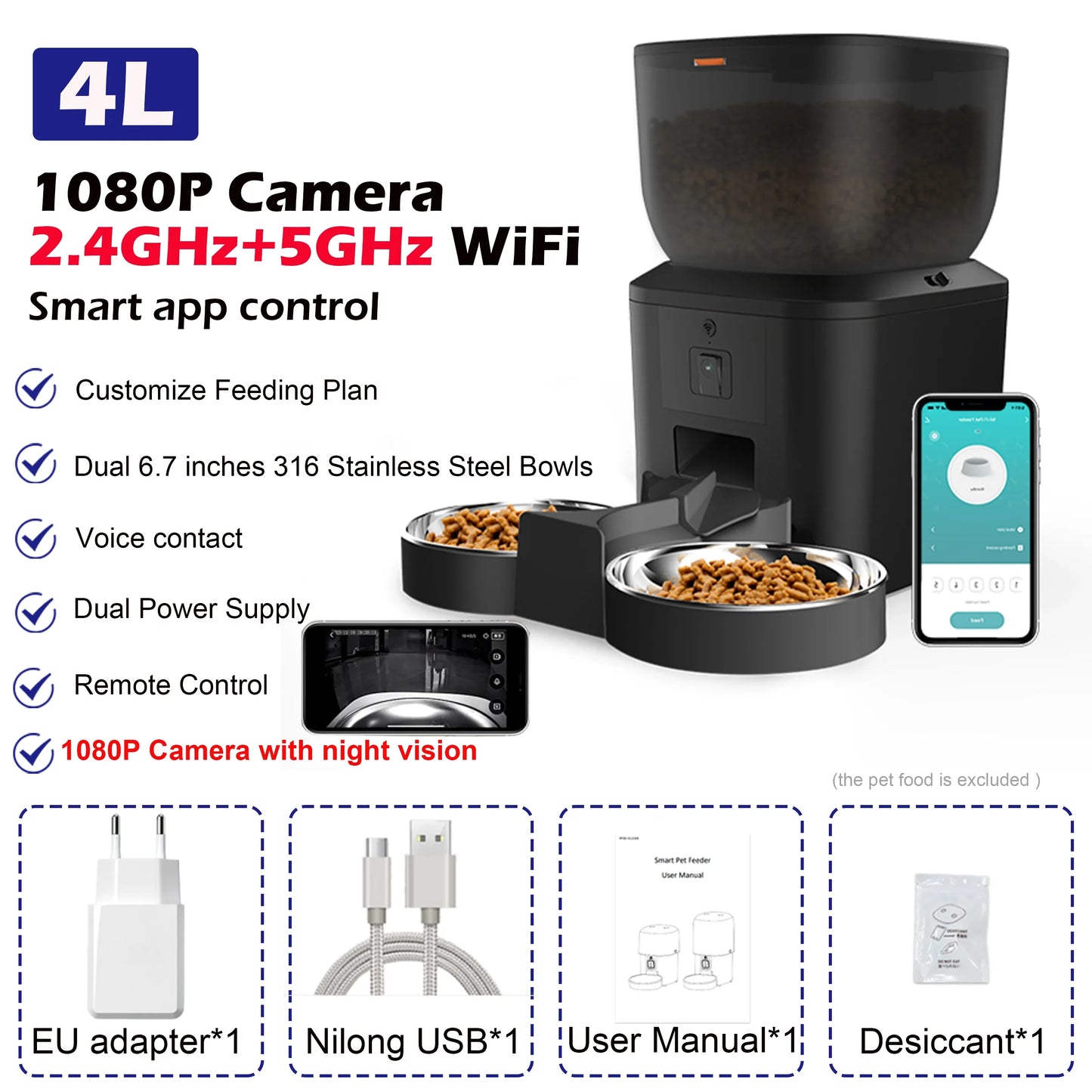 Automatic Dog Feeders with Camera 1080P HD 5G WiFi Pet Feeder Tuya App Control Automatic Cat Dog Food Dispenser Furpipi