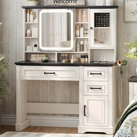 Vanity Desk with Mirror and Lights Makeup Vanity with 3 Drawers and Power Outlets Modern Farmhouse Style