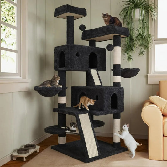 Multi Level Large Cat Tree Tower for Indoor Big Feline Cozy Plush Perches Condo Sisal Scratching Posts Hammock