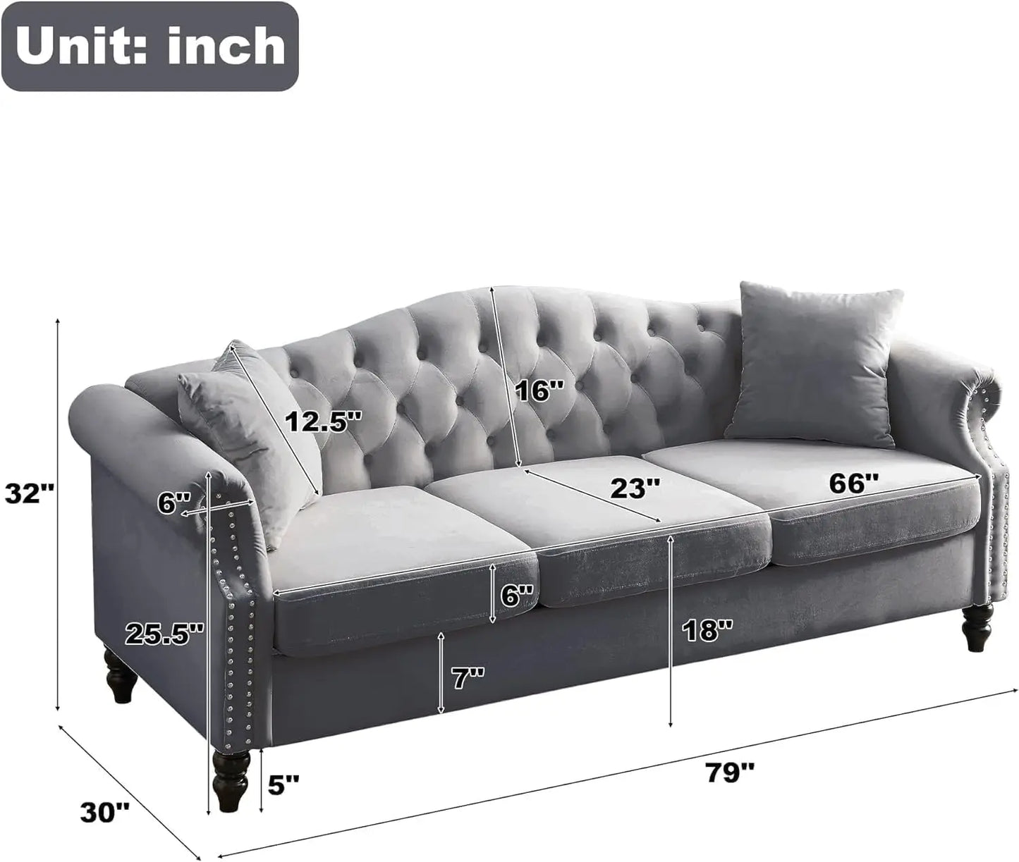 Chesterfield Velvet Sofa Set 3 Seater and Loveseat with Pillows Rolled Arms Nailhead Trim Classic Design Living Room Bedroom