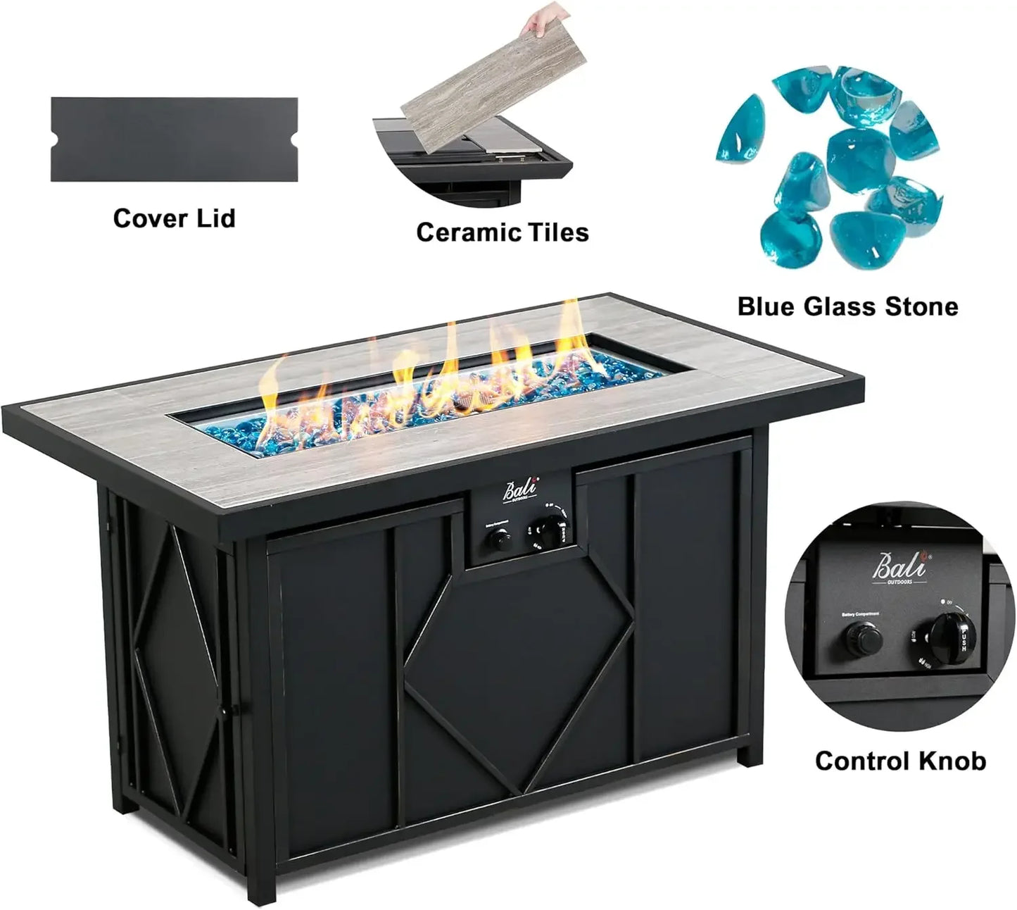 Gas Fire Table 42 Inch Ceramic Tabletop Propane Firepit 60000 BTU Outdoor Dinner Coffee Table for Patio Backyard
