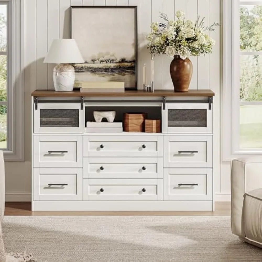 White Farmhouse Dresser for Bedroom 55.1 Inch Large Wooden Chest of Drawers 7 Drawer Long Dresser