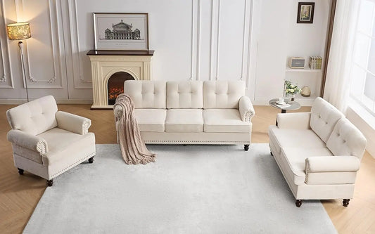 Tufted Sofa Set for Living Room with 3 Seater Couch Loveseat Sofa and Living Room Chairs in Beige with Rivets Rolled Arms and Solid Wood Legs