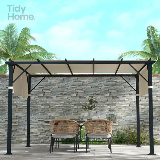 10 X 10 Feet Outdoor Pergola Steel Gazebo with Retractable Canopy Shade Cream