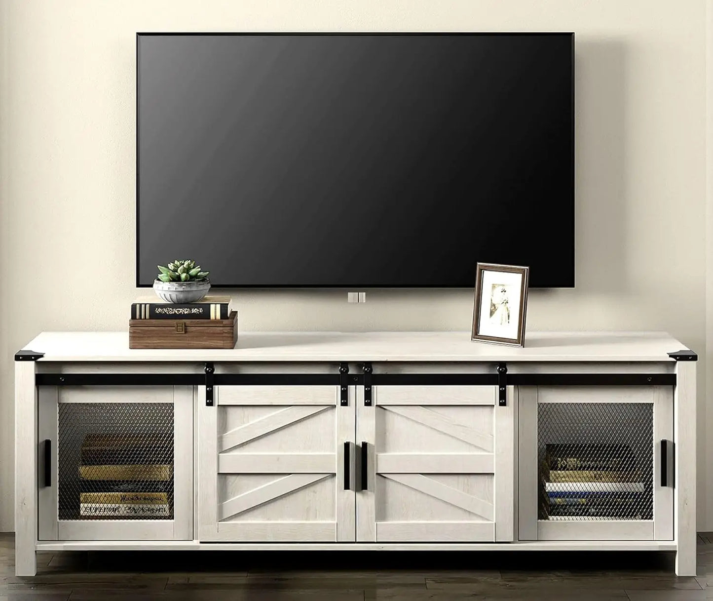 Farmhouse TV Stand for 75 inch TV, 70" Wood Sliding Barn Door Media TV Console Table with Storage Shelf, Entertainment Center