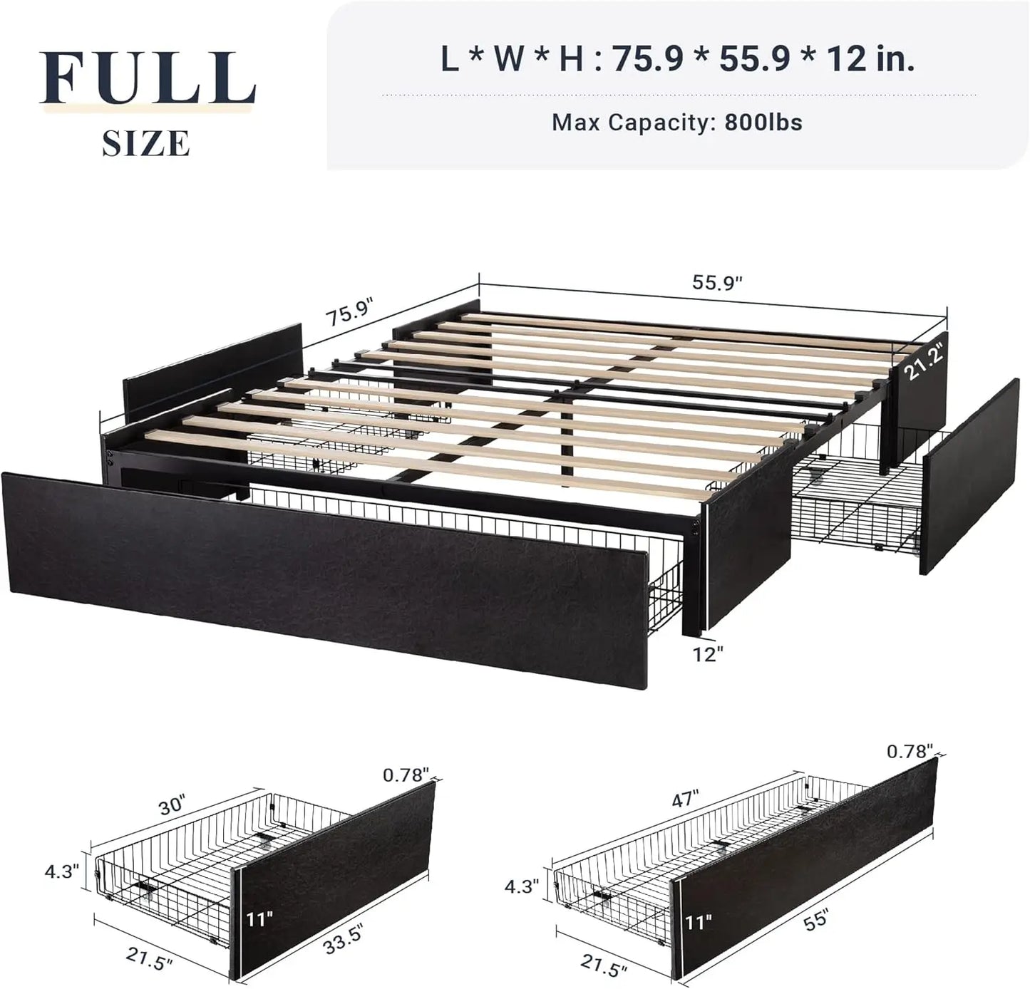 Full Size Platform Bed Frame with 3 Storage Drawers, Faux Leather Upholstered, Wooden Slats Support