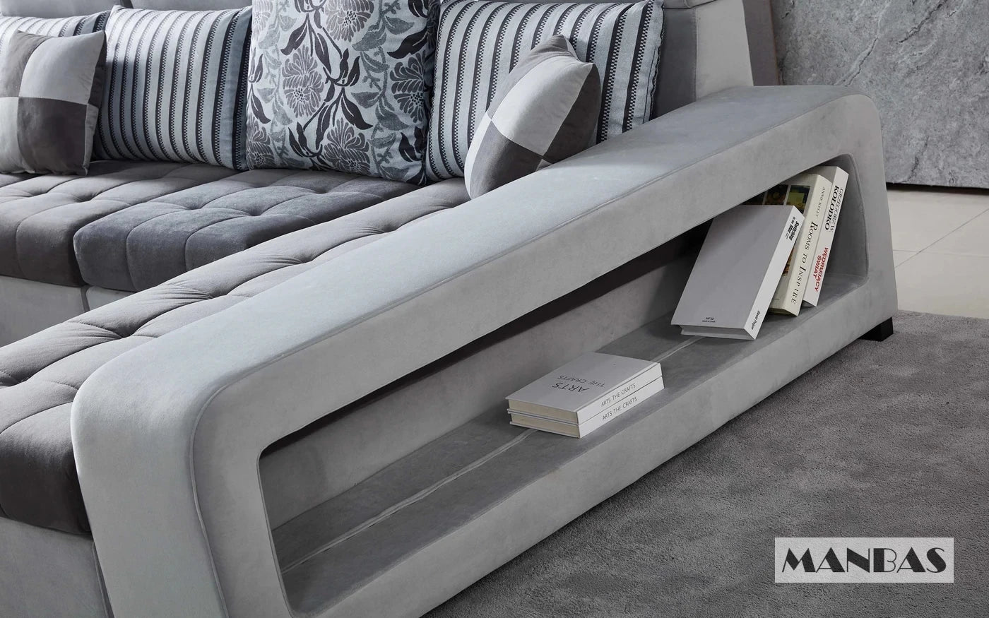 Manbas Dark Grey And Light Grey Fabric Sectional Couch With Chaise U-Shape Living Room Sofa Set With Stools Home Furniture