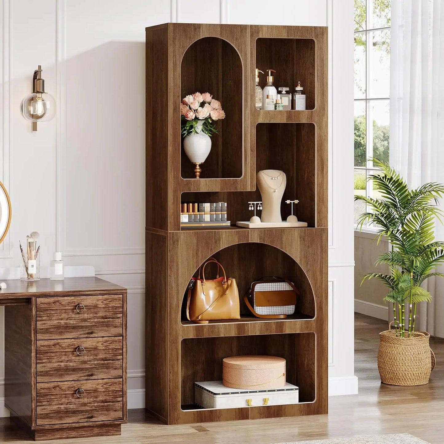70.87 Inch Tall Geometric Bookshelf White Arched Bookcase with 5 Irregular Storage Shelves Free Standing for Living Room and Bedroom