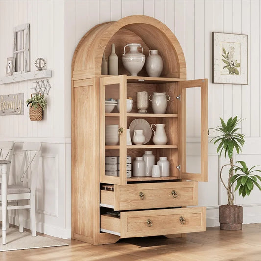 Kitchen Pantry Cabinet Arched Bookshelf Bookcase with Spacious Storage and Drawers