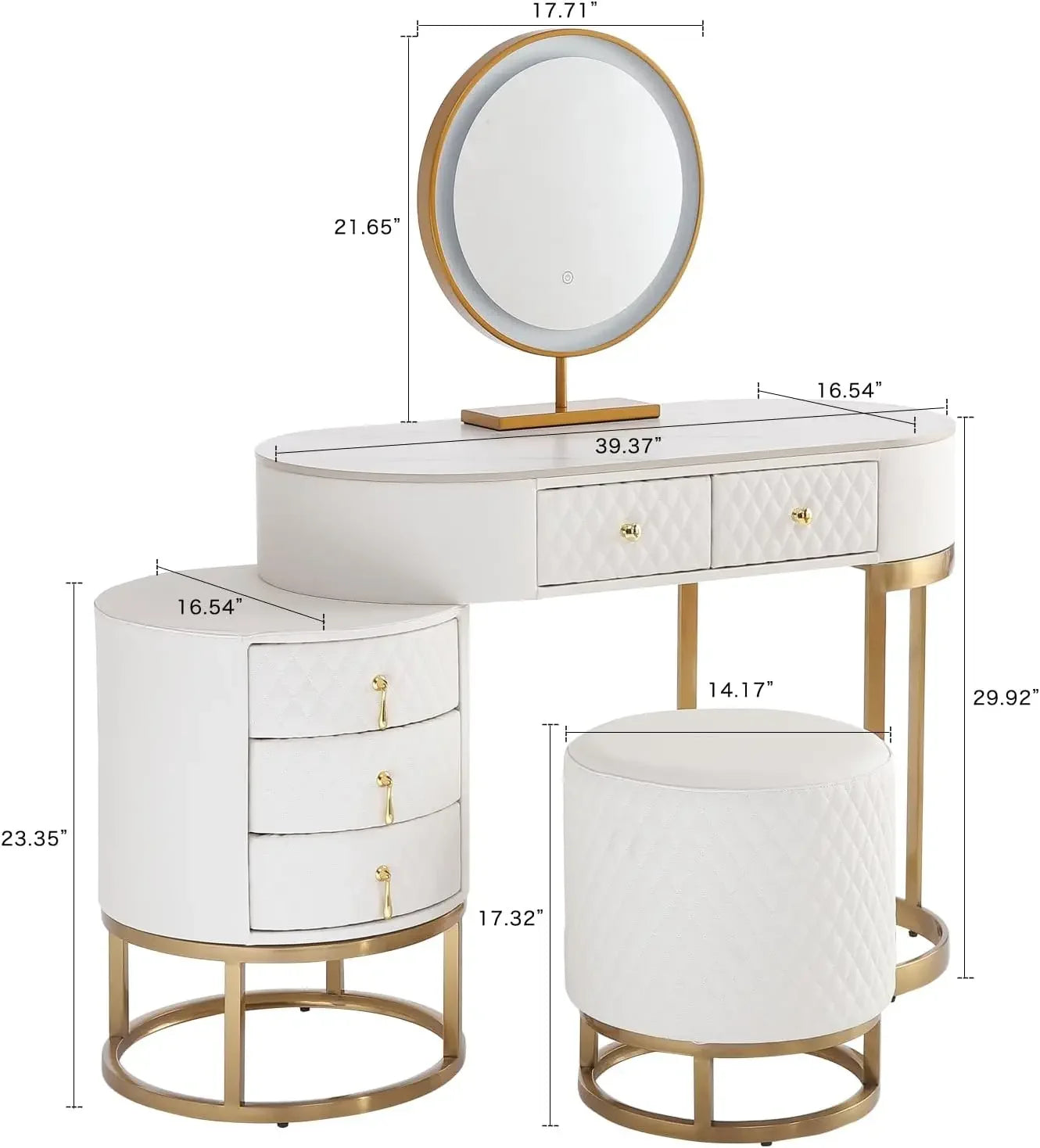 Faux Leather Makeup Vanity Desk Set with LED Lighted Mirror Luxury Dressing Table with Storage Drawers and Vanity Stool White