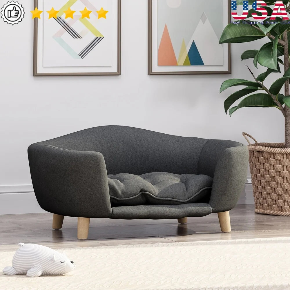Mid Century Modern Plush Pet Bed for Small Dogs with Birch Wood Legs Cozy Tufted Cushion Durable Stylish Design