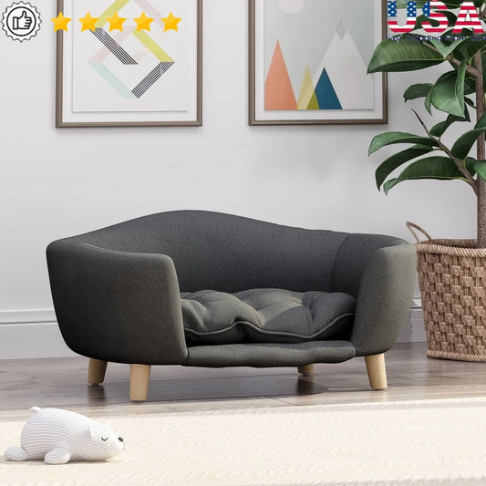 Mid Century Modern Plush Pet Bed for Small Dogs with Birch Wood Legs Cozy Tufted Cushion Durable Stylish Design