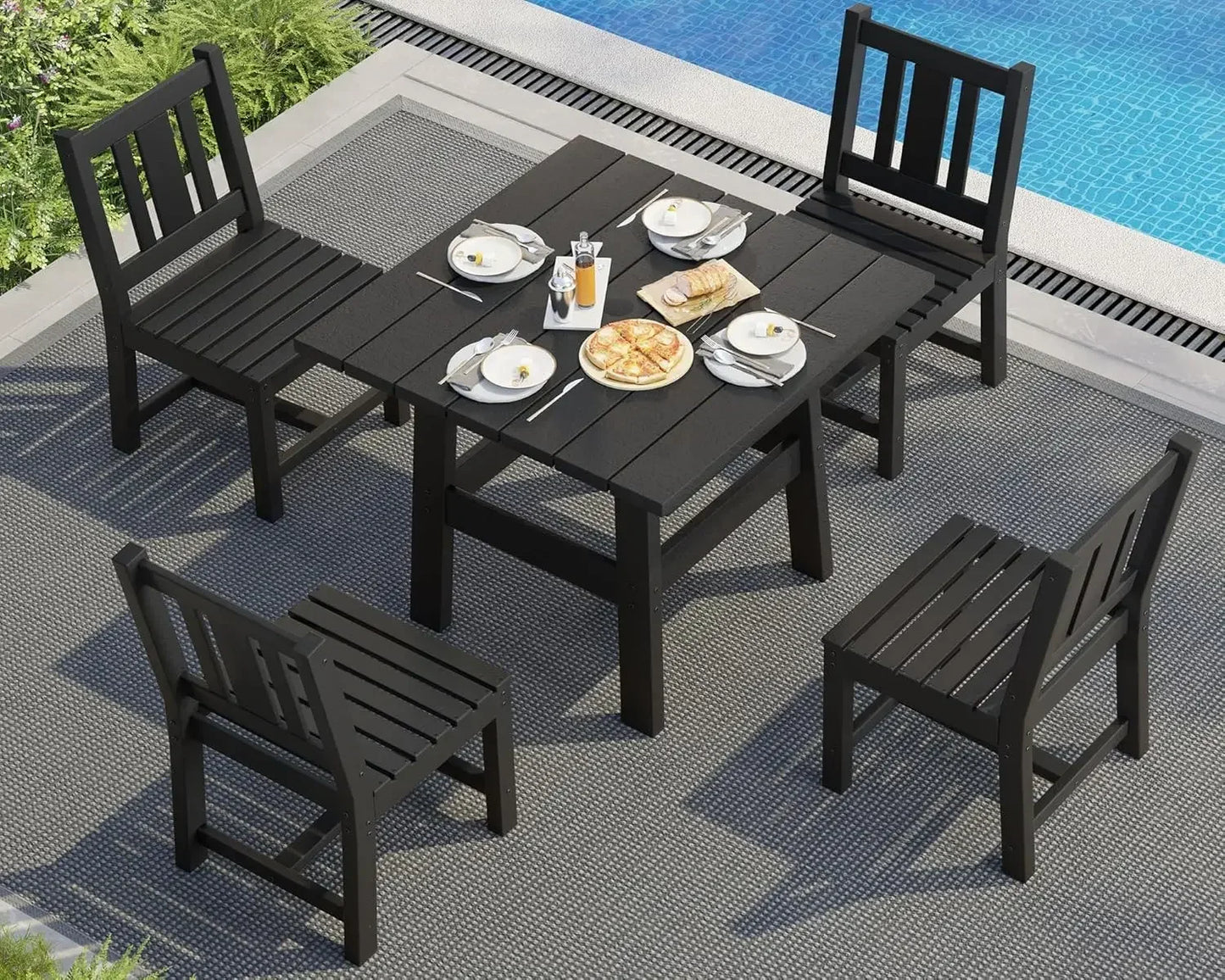 7 Piece HDPE Outdoor Dining Table Set with 6 Chairs 71 Inch Patio Dining Furniture Set with Umbrella Hole