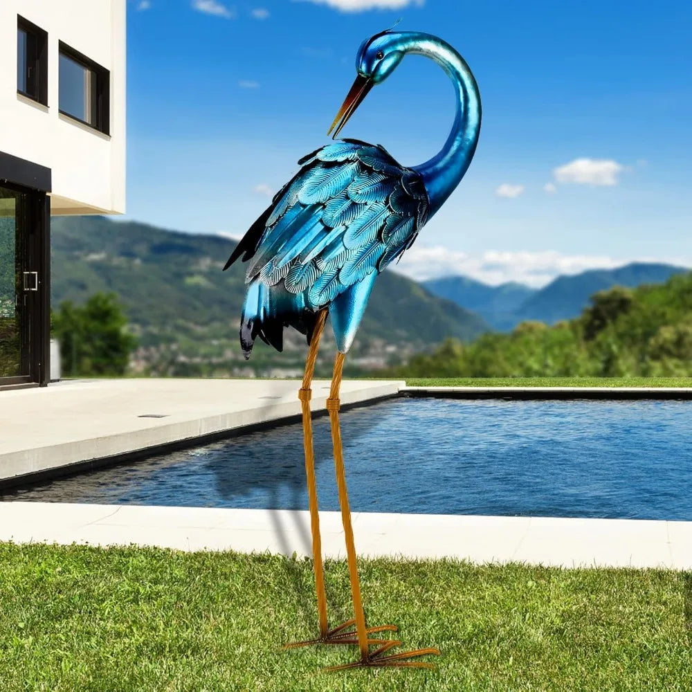 Metal Crane Garden Statue Blue Heron Sculpture Yard Art Large Heron Decoy Bird Statues Lawn Ornaments for Backyard Pond