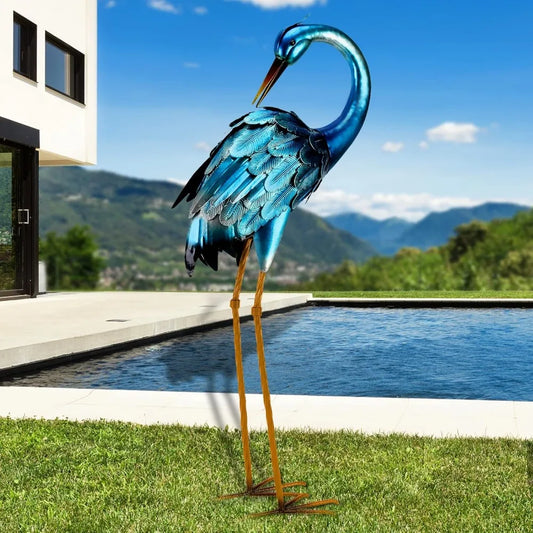 Metal Crane Garden Statue Blue Heron Sculpture Yard Art Large Heron Decoy Bird Statues Lawn Ornaments for Backyard Pond