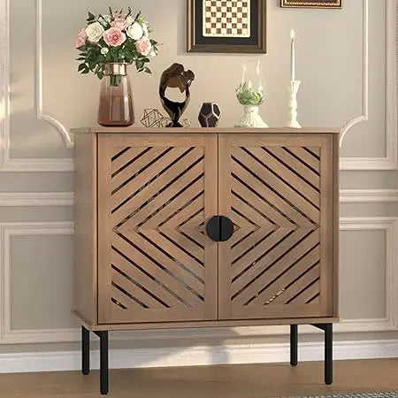 Accent Cabinet with 2 Hollow Doors Modern Buffet Cabinet with Adjustable Shelves and Metal Handle Decorative Credenza for Living Room