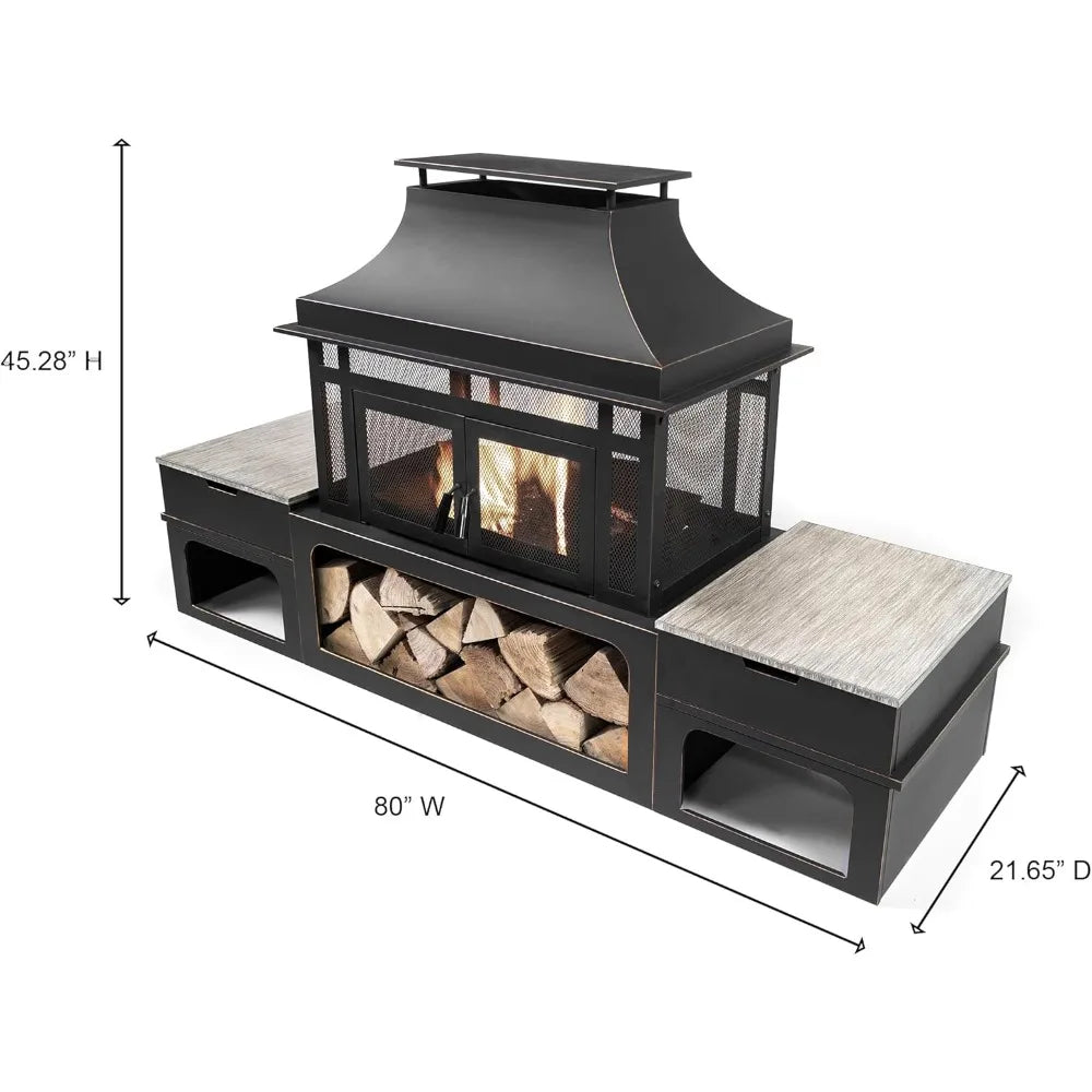 Rimasco 80 Inch Metal Wood Burner Fireplace with Side Storage Tables Smokeless Patio Fire Pit