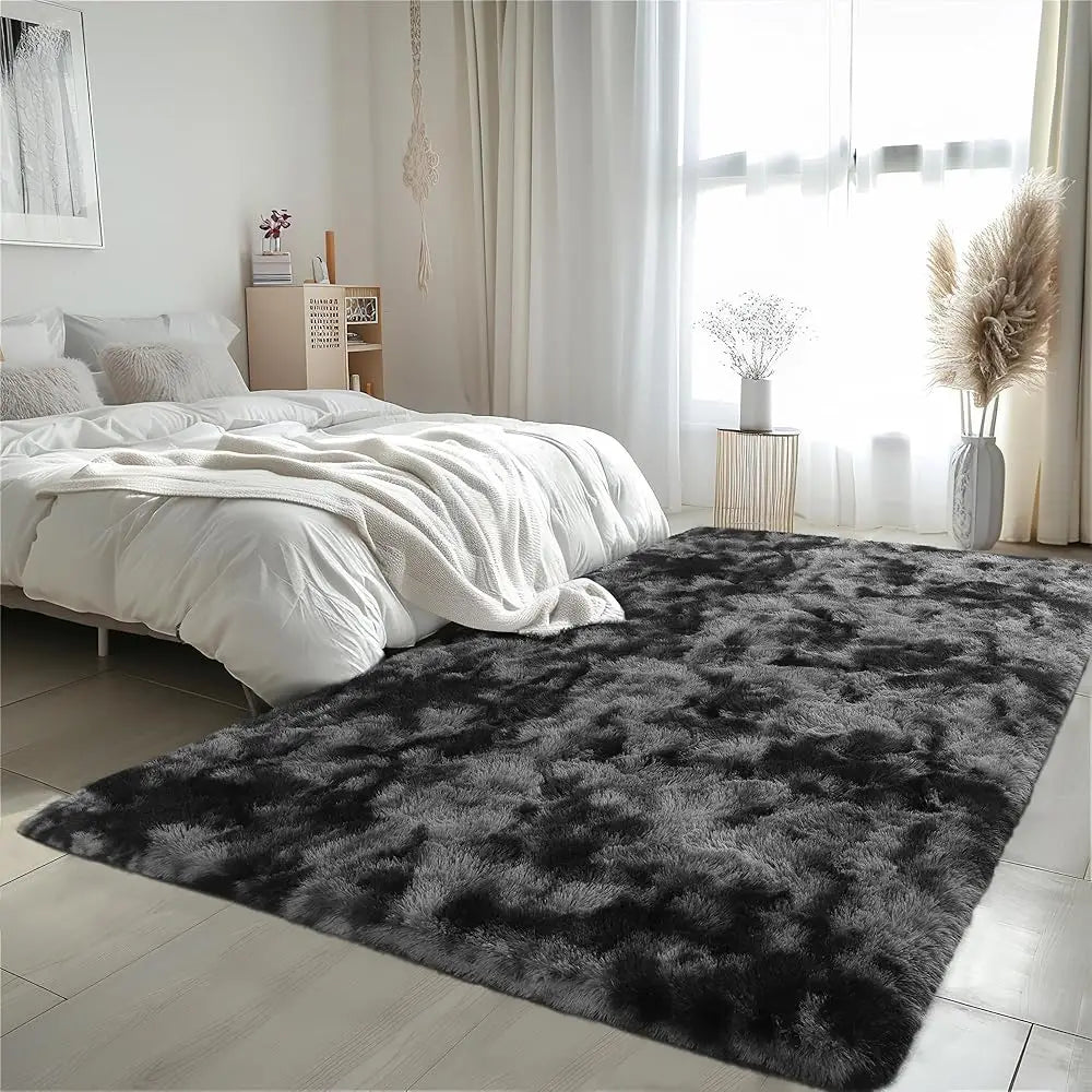Bla And Grey Area Rugs For Living Room Large Men Room Carpet 8X10 Bedroom Fluffy Furry Shag Aesthetic Plush High Pile Floor Rug