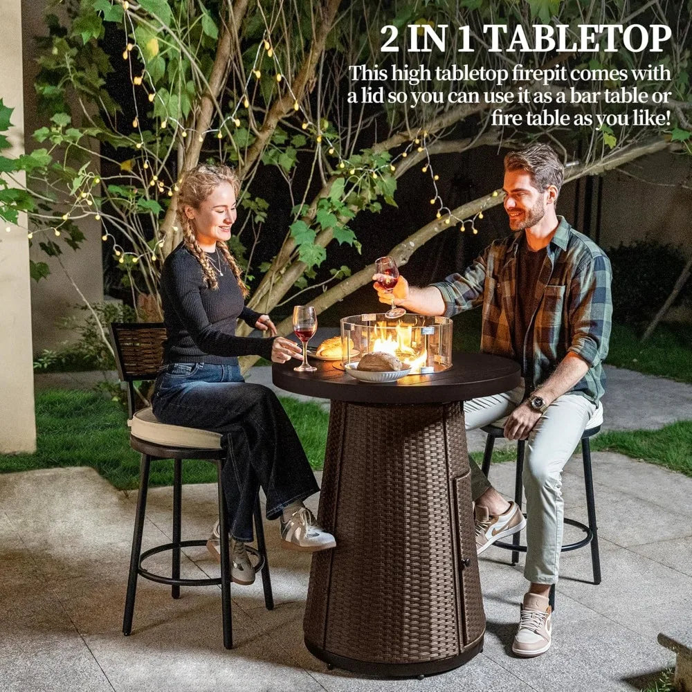 37 Inch Propane Fire Pit Table Outdoor Round Bar High Fire Tables Gas Firepits for Patio Wicker Firepit with Glass F