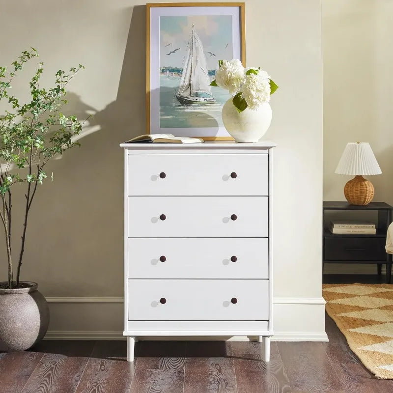 Modern Tall 4 Drawer Solid Wood Dresser Bedroom Storage Organizer 40 Inch White