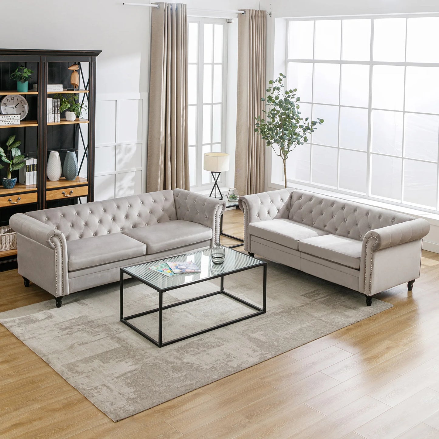 Horgaeo Button Upholstered Velvet Sofa Classic Chesterfield Tufted Camel Back Furniture Set
