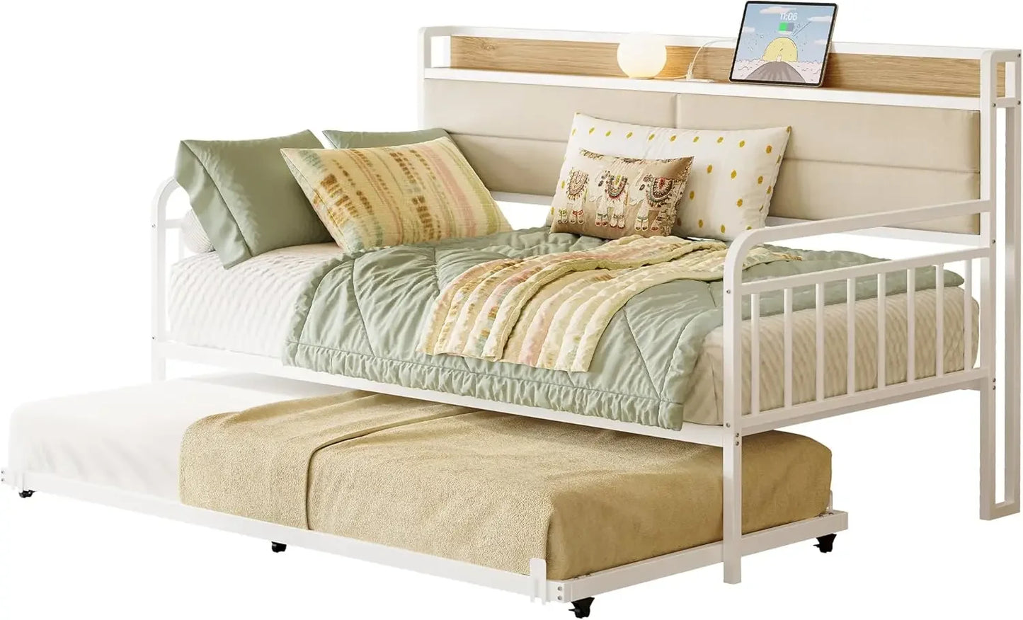Daybed With Trundle Sturdy Metal Twin Bed Frame Upholstered Headboard Charging Station For Living Room Bedroom