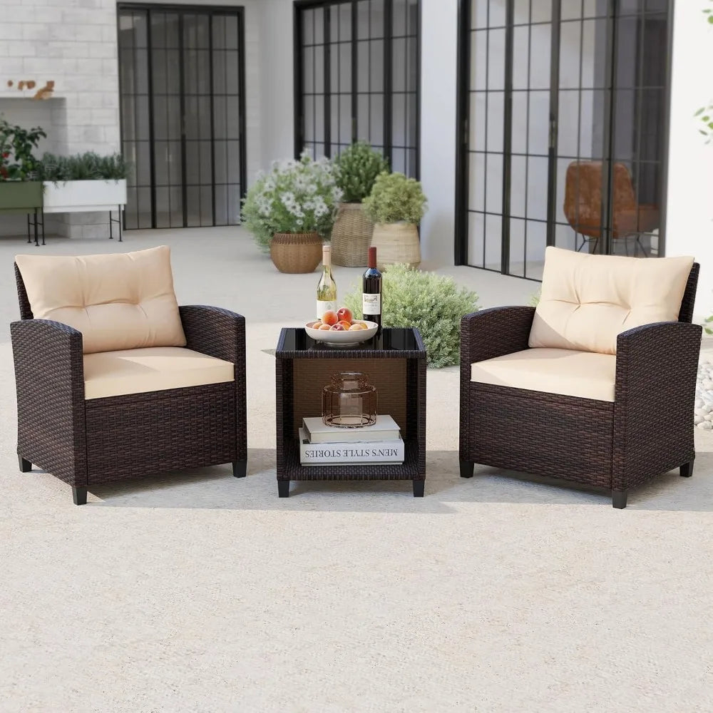 3 Piece Patio Furniture Set Outdoor Conversation Set with Washable Cushions and Storage Table PE Rattan Wicker Bistro Set