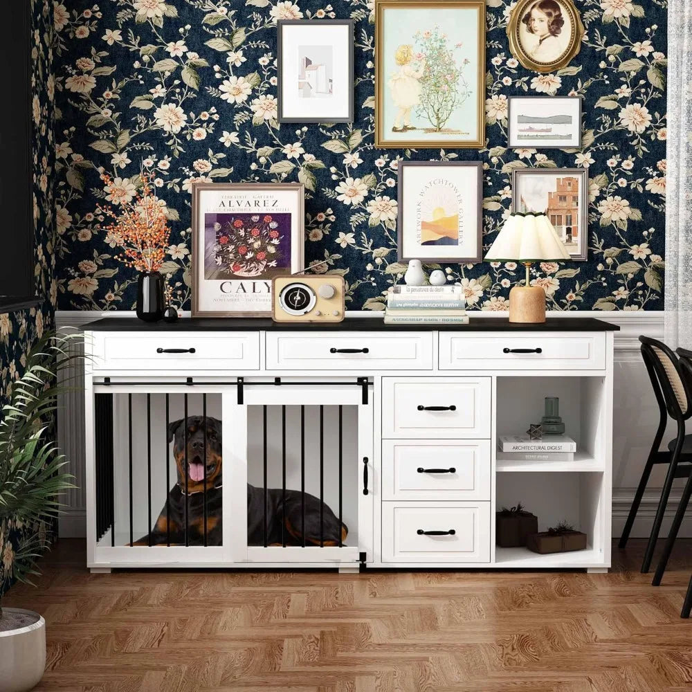 Extra Large Furniture Style Dog Crate with Drawers and Shelves 67 Inch Luxury Wooden Heavy Duty Single Room Dog Kennel Furniture