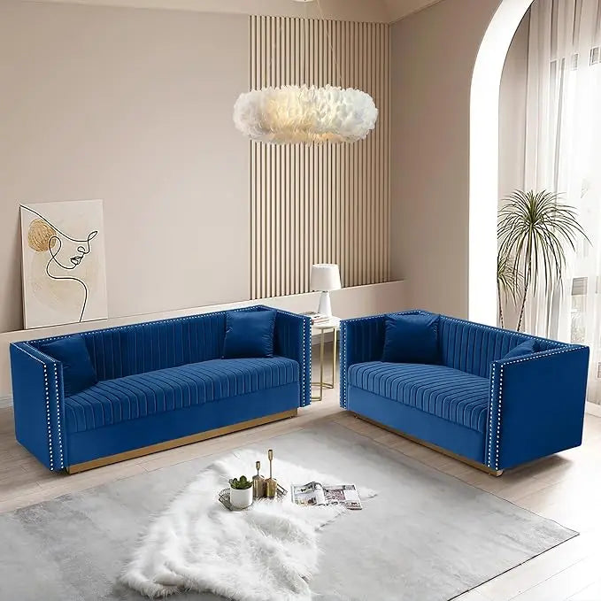 Luxury Velvet Sofa Set for Living Room with Nailhead Gold Metal Legs and Four Pillows