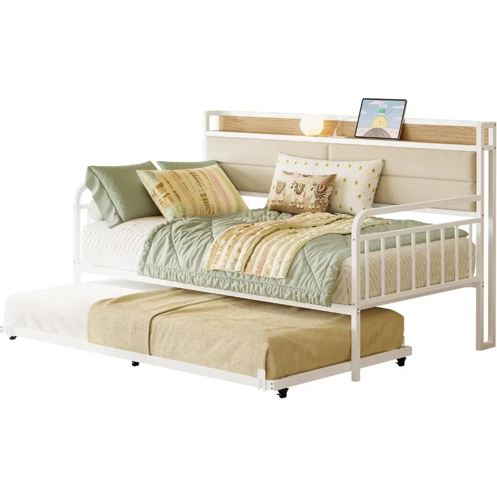 Daybed With Trundle Sturdy Metal Twin Bed Frame Upholstered Headboard Charging Station For Living Room Bedroom
