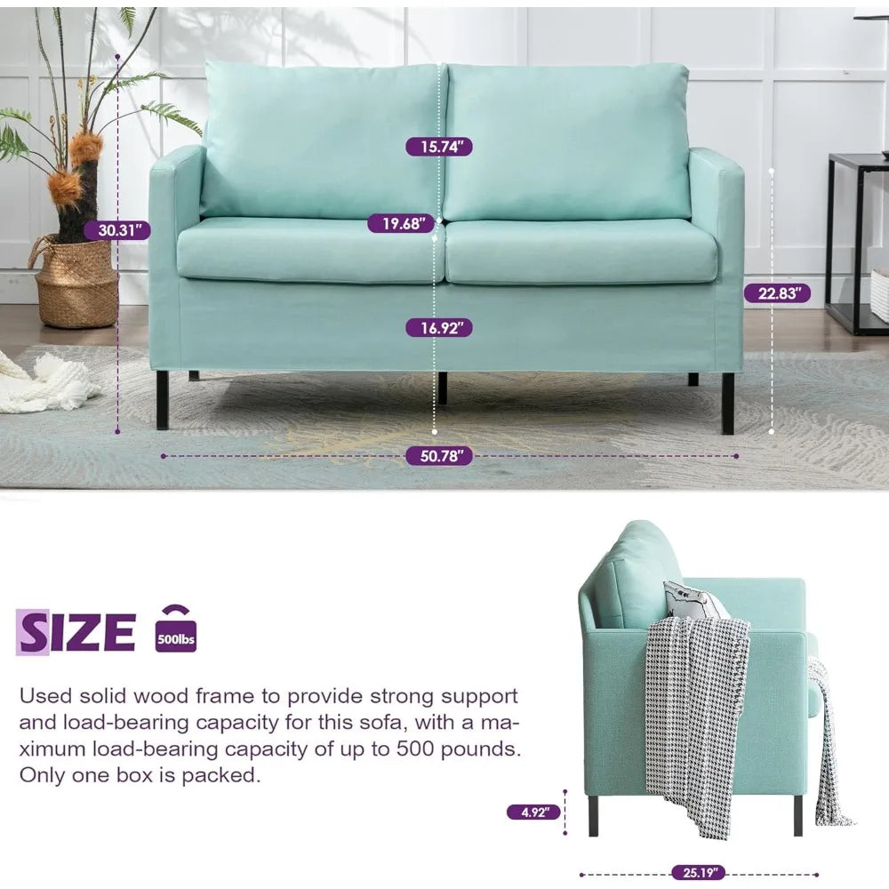 51 Inch W Linen Fabric Upholstered Modern Loveseat Sofa Couch for Living Room Aqua Blue 2 Seater Furniture with Iron Legs