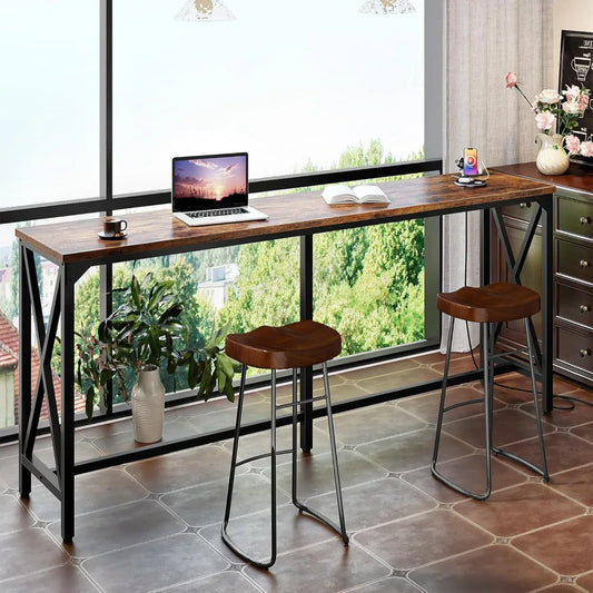 Kitchen Dining Table with Power Outlet and Footrest Industrial Style for Pub Living Room Rustic Brown and Black TBT08UBF