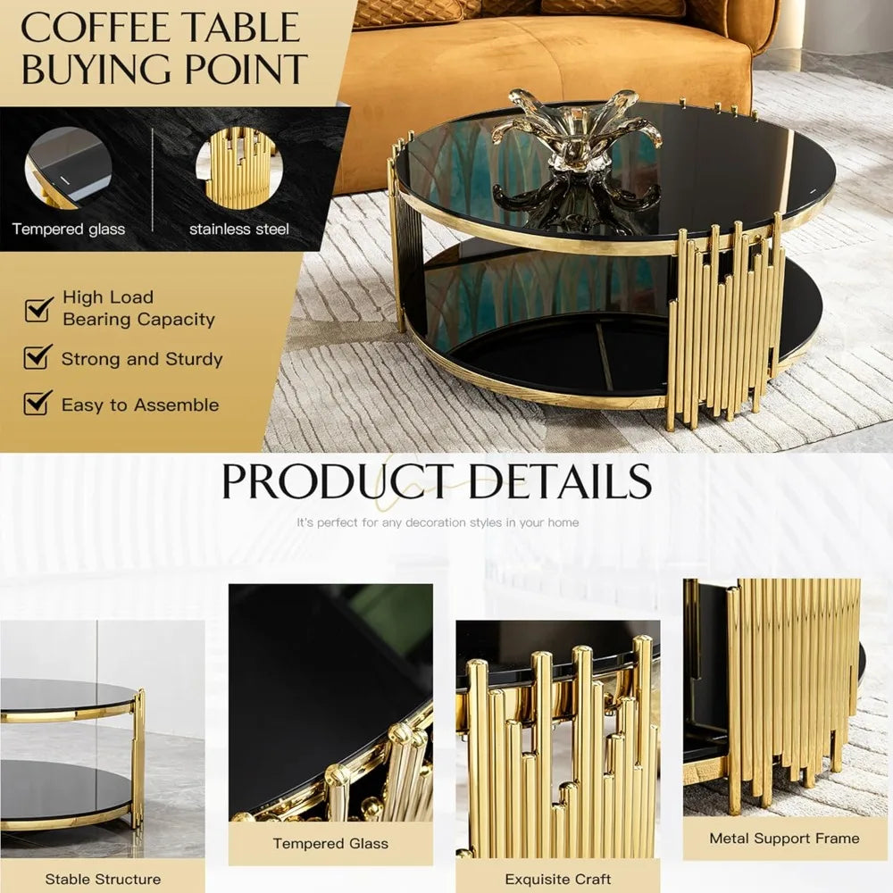Round Glass Coffee Table 36 Inch Modern Luxury Black Living Room Table Gold Stainless Steel Irregular Legs Cocktail Table