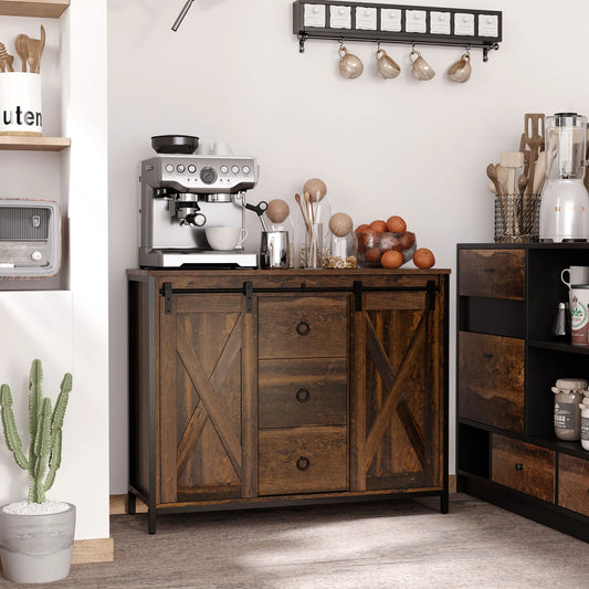 Industrial Farmhouse Kitchen Sideboard Buffet Cabinet W/ Drawers, Rustic Brown