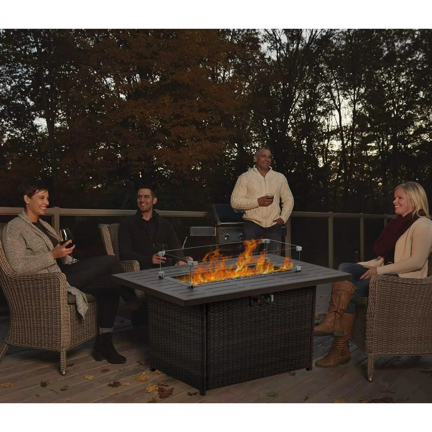 Propane Fire Pit Table 44 Inch 55000 BTU Outdoor Gas Fire Pit Rectangular with Glass Wind Guard Brown Aluminum Top