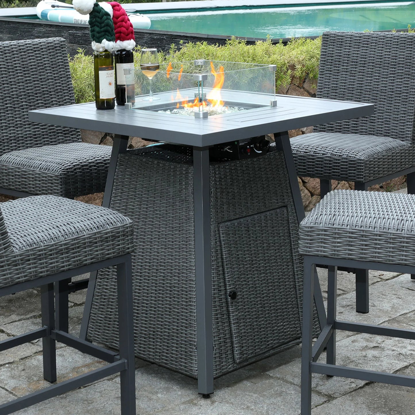 36 Inch Square Outdoor Fire Pit Table Wicker Propane High Fire Table with Glass Fire Beads