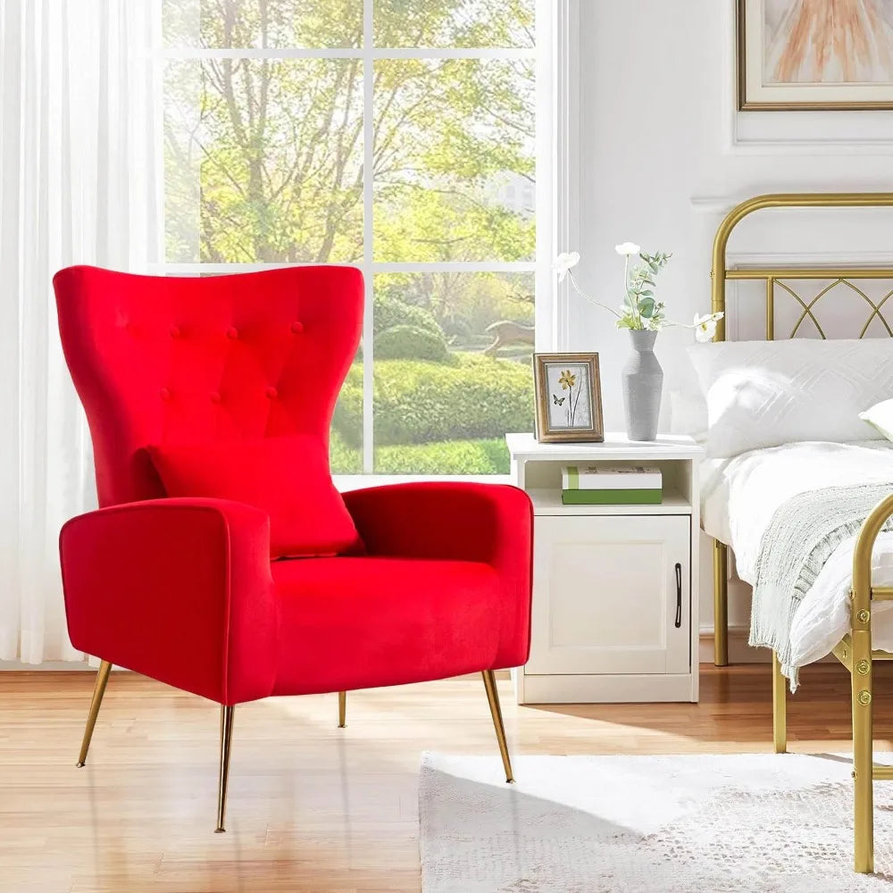 Velvet Accent Arm Chair Mid Century Modern Living Room Chair Wingback Bedroom Side Chair with Gold Legs and Pillow Button Tufted