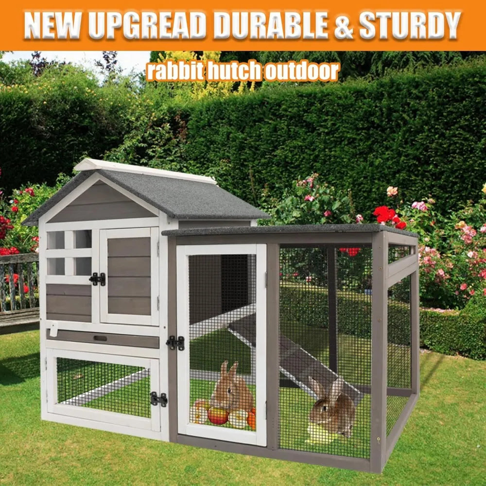 Rabbit Hutch Indoor Outdoor Rabbits Cages Large Fir Wood Bunny Hutch with Pull Out Tray Weather Resistant