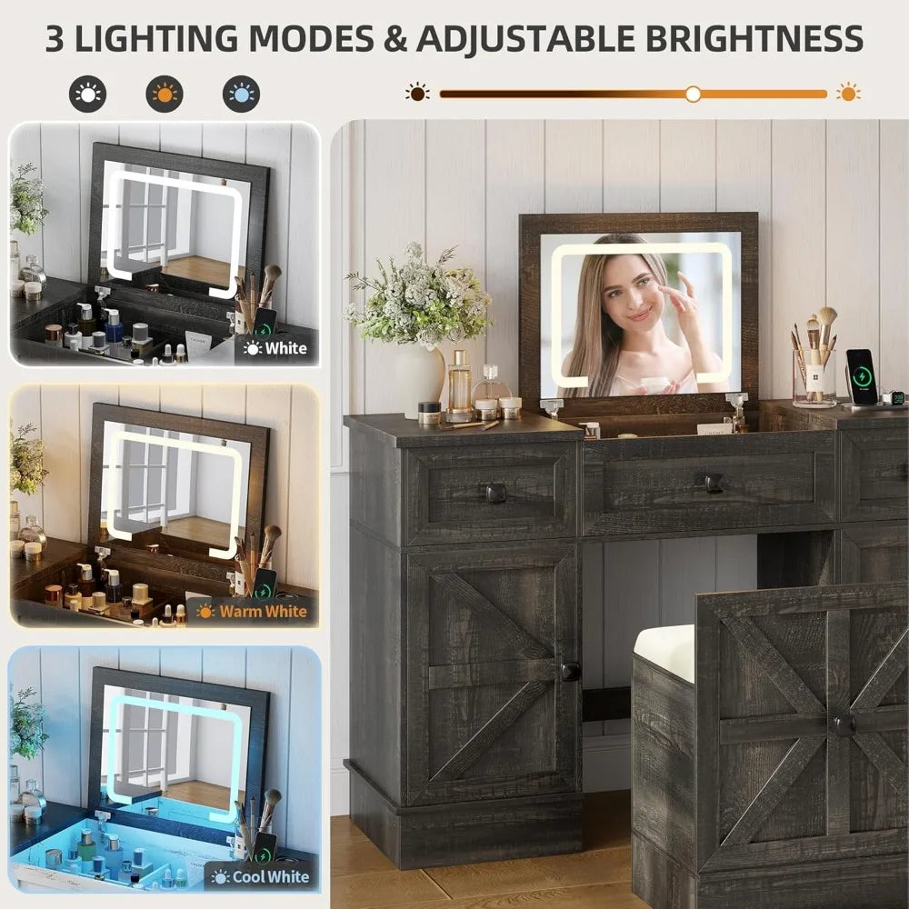 Farmhouse Vanity Desk with Flip Top Mirror and Lights Makeup Vanity Table with Adjustable Cabinets and Hidden Storage