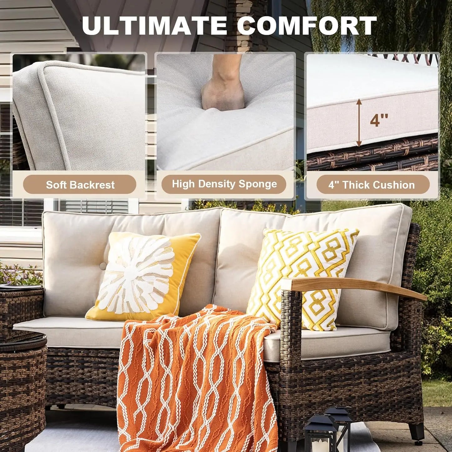 Multi Piece Outdoor Patio Furniture Sets Half Moon Curving Rattan Sofa Conversation Set