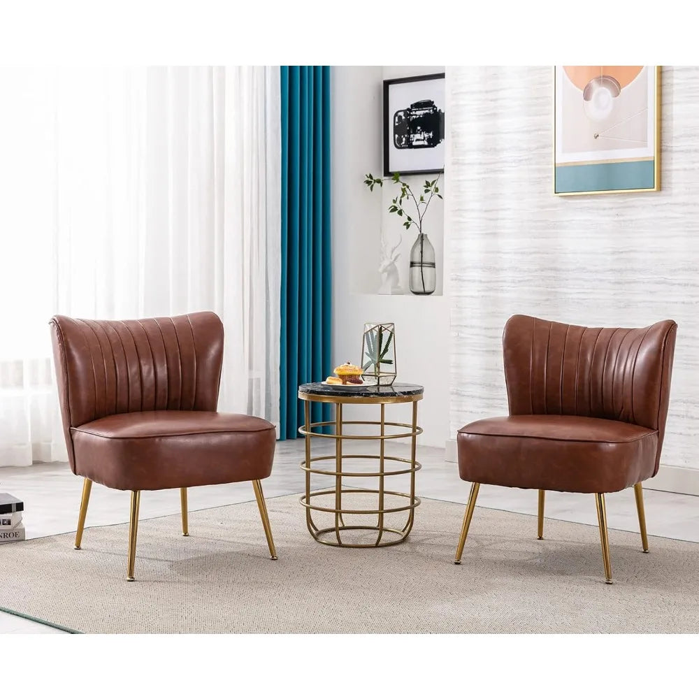 Leather Accent Chairs Set of 2 Modern Armless Upholstered Waterproof Slipper Chairs with Golden Legs Comfy Wingback Side Chairs