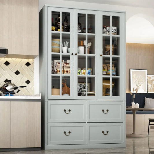 Pantry Cabinet Kitchen Storage Cabinet with Two Drawers and Glass Doors Adjustable Shelves for Kitchen and Pantry Use