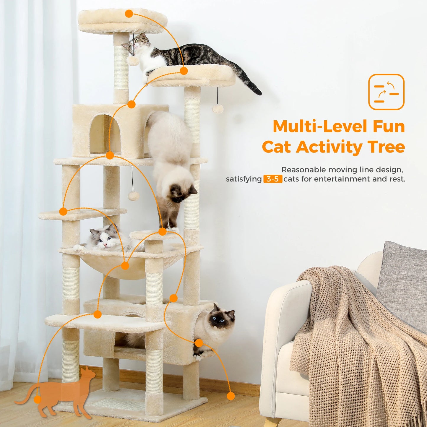 184cm Large Cat Tree Tower for Indoor Cats with Sisal Scratching Posts Spacious Hammock Padded Perches and Condos